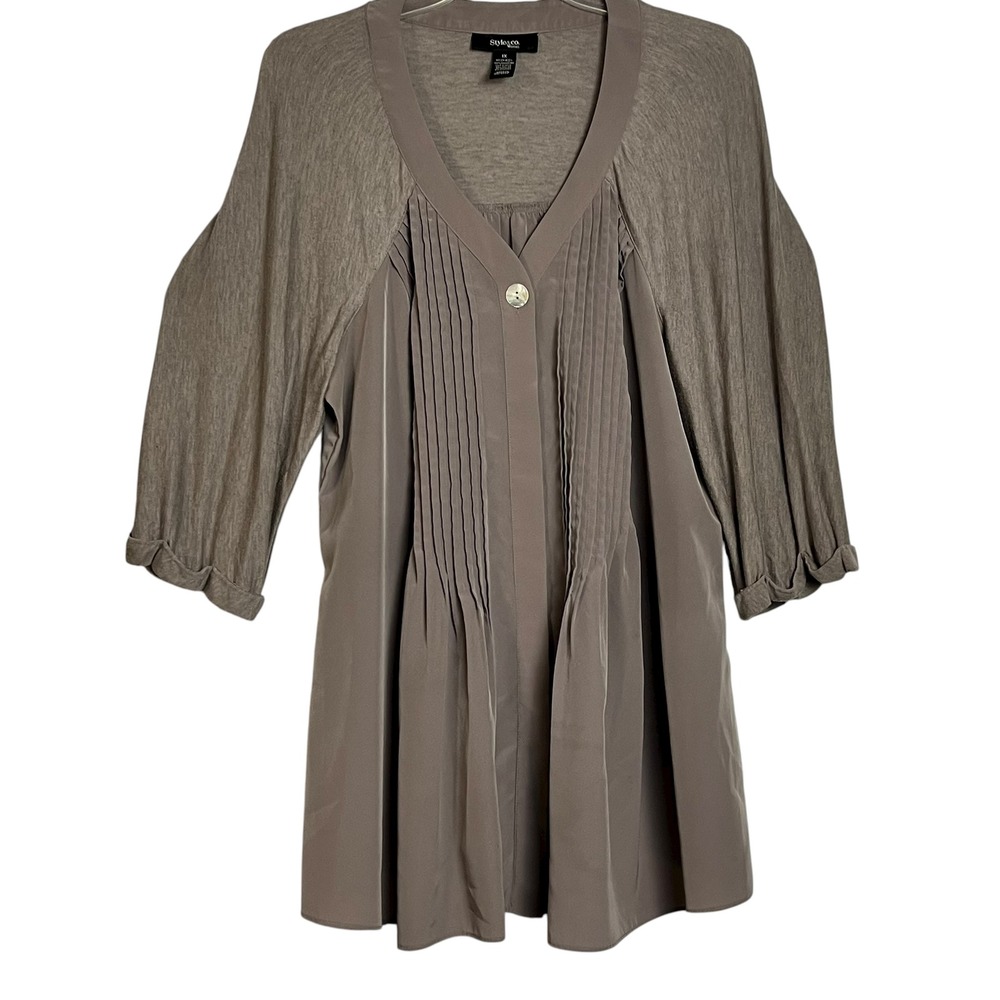 Style & Co. Women's 1X Gray Pleated‎ Front Knit Sleeve Button Down Top (3052)